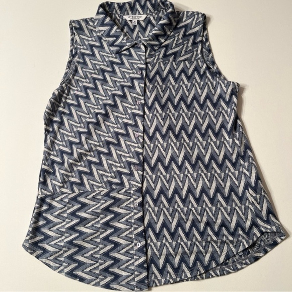 EUC Liverpool Los Angeles Women's Blue White Chevron Print Blouse Size M (R)